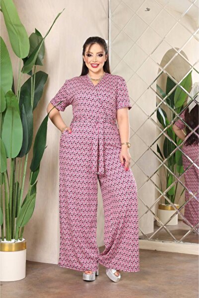 garajmood Plus Size Pink Patterned Double-breasted Collar Jumpsuit