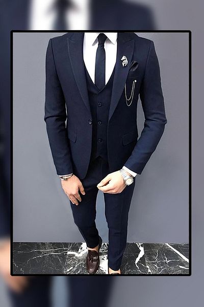 VALCES Men's Navy Blue Slim-Fit Solid Color Suit with Vest