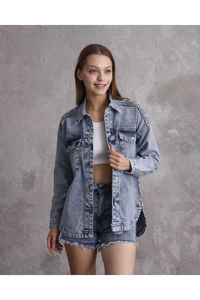 beyzabusrabutik Jachetă de jeans cu broderie pe umeri și detaliu pe spate