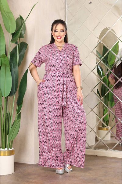 garajmood Plus Size Pink Patterned Double-breasted Collar Jumpsuit