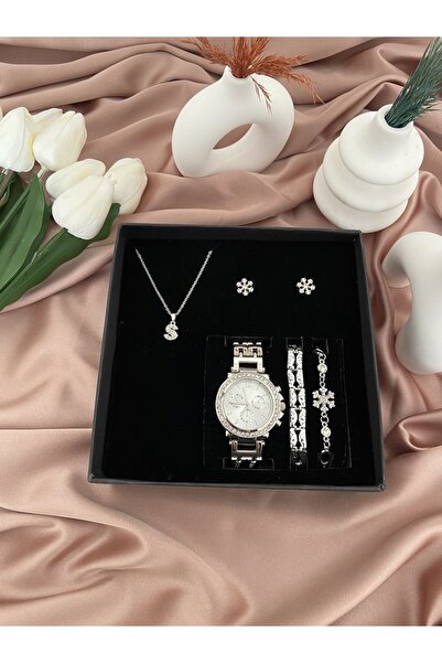 Arzu Butik Kişiye özel harfli gümüş kadın kol saati, saat bileklik kolye küpe  seti ( S ) harfi