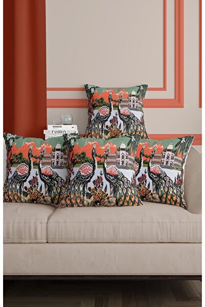 ALAMODECOR Tavuz Kuşu Retro Nostalgic Ethnic Patterned Green Orange 4 Piece Cushion Cover 43X43