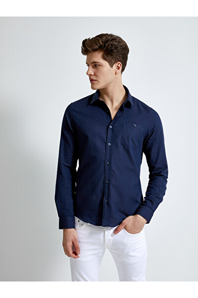 Ltb قميص أزرق داكن بأكمام طويلة مع جيوب