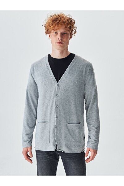 Ltb Buttoned V-Neck Gray Cardigan