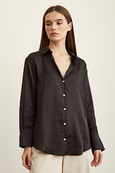 Never more Βασικό σατέν πουκάμισο μαύρο