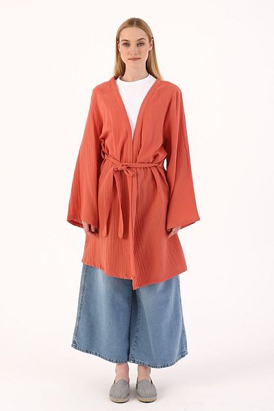 ALLDAY Světlé cihlové bavlněné páskové kimono