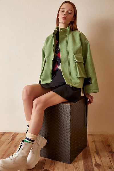 Never more Pocket Detailed Lace Up Crop Jacket Light Green