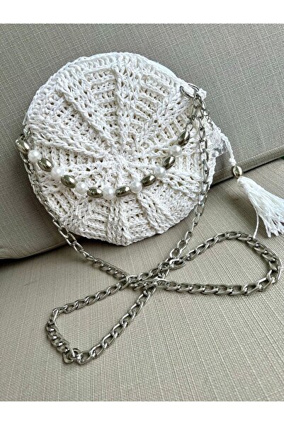 DNA MODA White Straw Macaron Bag - Silver Chain Strap, Adjustable Keychain Gift