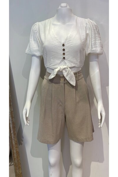 Butik Kadın, Yüksek Bel, İki Yandan Cepli, Şehir Boy, Bej Keten Şort