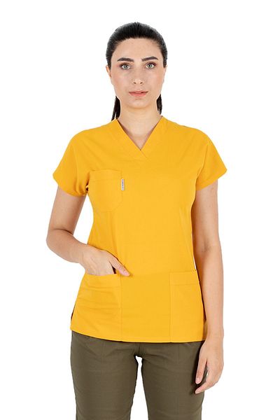 Alsancak Üniforma Muștar/kaki Lycra Scrubs din țesătură groasă și elastică Flex Bat Sleeve Doctor Nurse Jersey