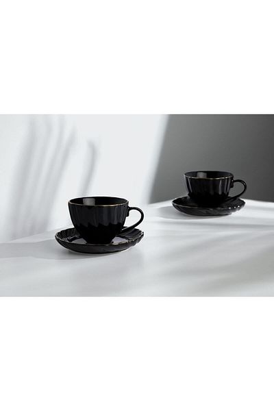 Nehir Jasmine Black Porcelain Coffee Cup Set - 12 Pieces