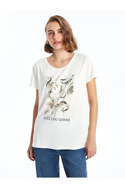 LC Waikiki Γυναικείο T-Shirt LCW - Crew Neck, εμπριμέ, κοντομάνικο