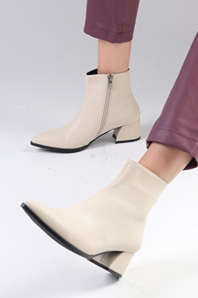 Mio Gusto Erika Bej Renk Ince Kürk Astarlı Fermuarlı Kadın Topuklu Bot