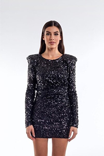 LorraJo Büzgü Detaylı Siyah Payetli Mini Elbise