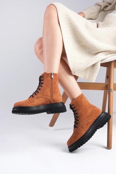 Mio Gusto Alex Taba Renk Süet Bağcıklı Ve Fermuarlı Kalın Tabanlı Kadın Postal Bot