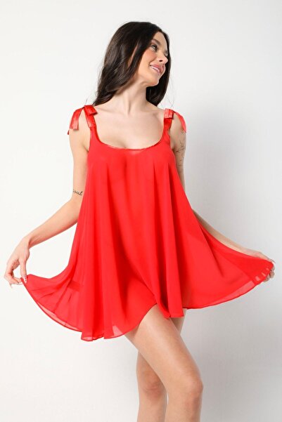 Brandpanty Women's Red Thick Strap Midi Length Tulle Nightgown with Ribbon Bow Detail on Shoulders 5000065-claudia