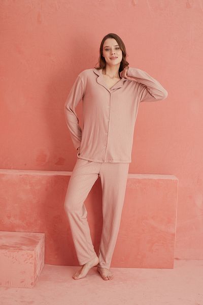ELİTOL Long Sleeve Mink Interlock Front Buttoned Pajama Set