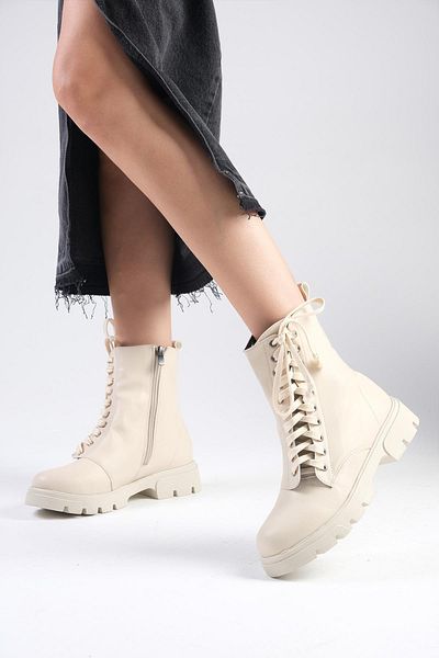 Mio Gusto Janet Beige Women's Lace-Up and Zippered Thick-Soled Boots