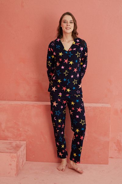 ELİTOL Black Star Patterned Long Sleeve Knitted Buttoned Front Pajama Set