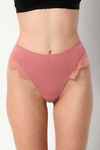 Brandpanty Pink Lace Combed Cotton Thong - Cotton Vertical, Line Pattern5000069-elisha