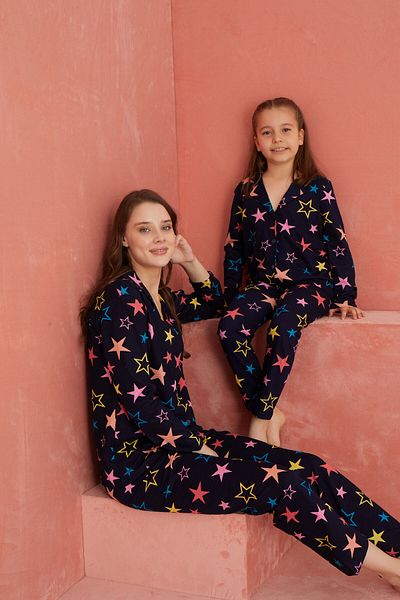 ELİTOL Black Star Patterned Long Sleeve Knitted Buttoned Front Pajama Set