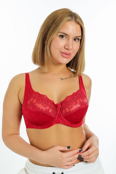 Malika Women's Red Embroidery Lace Underwire Minimizer Gathering Bra 4676004-hurrem