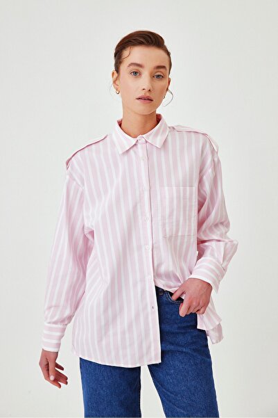 Mathilda Store Pink Epaulet Detailed Striped Oversize Women's Shirt - Long Sl...