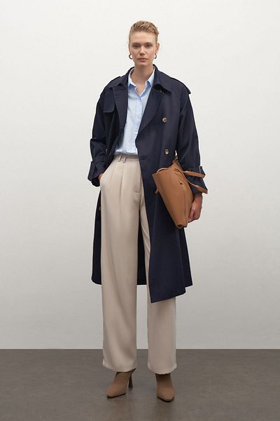 mathilda store Women's Navy Blue Double Breasted Collar Waterproof Private Edition Oversize Trench Coat with Shoulder Button Strap