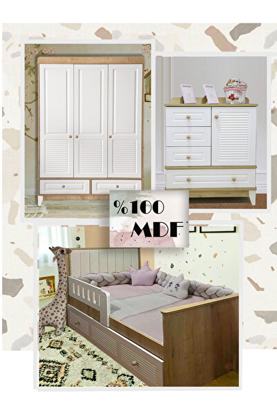 Koza %100 MDF Panjur Ahşap Beyaz Maxi Bebek&Çocuk Odası Takımı 3 Kapılı Dolap...