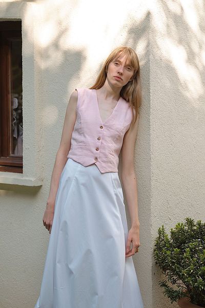 mathilda store Pink V-Neck Linen Vest - Zero Sleeve, Buttoned, Ornamental Pocket Detail, Slim Lined Special Edition