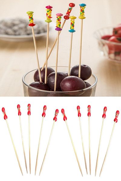 RoseRoi Bamboo Food Toothpick Fruit Sofa Fork Sticks Cocktail Party Stick 10 Pieces