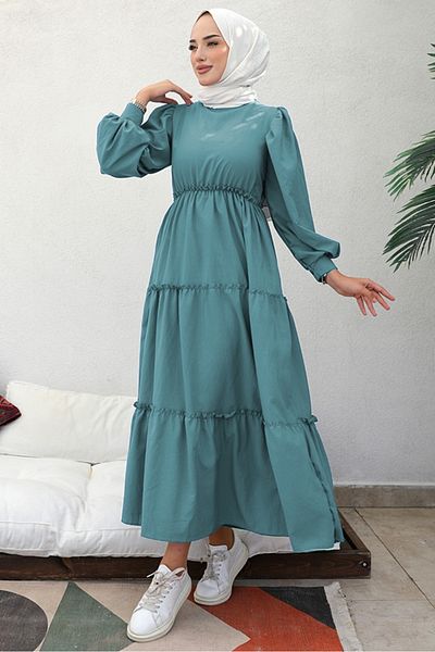 Bestenur Mint Hijab Dress - Benay Floor Detailed, Model 1102