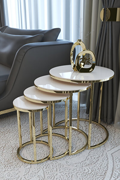 Puklife Ceylin 4lü Zigon Sehpa Gold Renk Metal Ayak, Parlak Krem Mdf