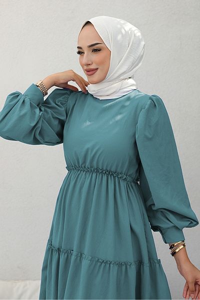 Bestenur Mint Hijab Dress - Benay Floor Detailed, Model 1102