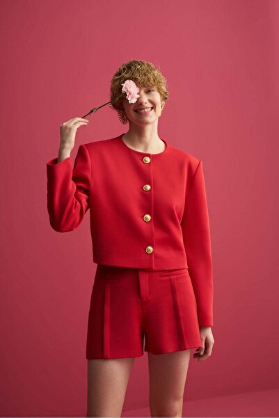 Mathilda Store Kadın Kırmızı Pileli Yüksek Bel Form Şort Yan Cepli Fermuar Kapamalı &100 Pamuklu İç Astarlı