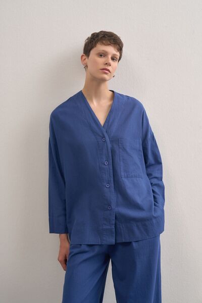 Mathilda Store Kadın Lacivert Uzun Kollu Düşük Omuzlu Düğme Kapamalı Linen V ...