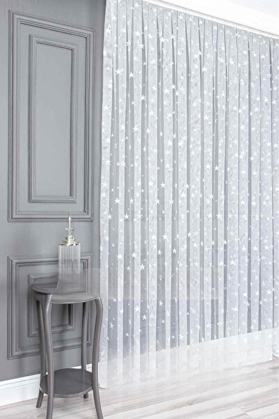 Perde Pendik Star Pattern White Children's Curtain - 1/3 Close Pleated Planting