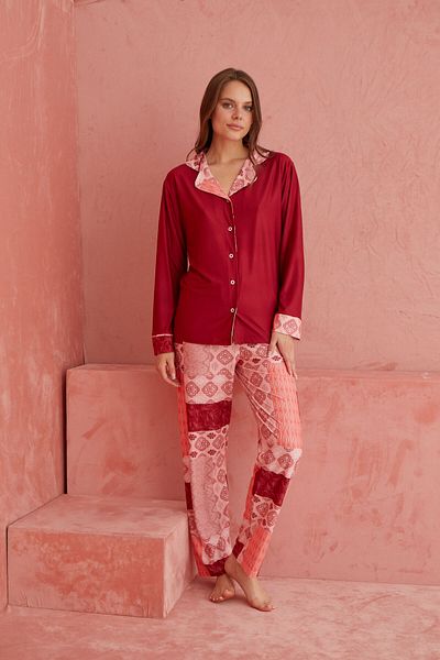 ELİTOL Set de pijamale tricotate cu mânecă lungă, cu nasturi în față, cu model Batik