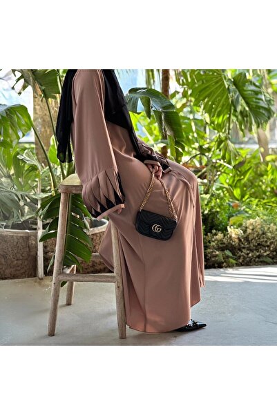 busrasdesign Elegance Kadın Tesettür Boydan Bej Şallı Abaya Ferace