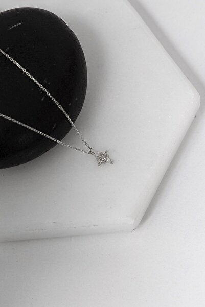 klas gümüş Gümüş Zirkon Taşlı Minimal Kutup Yıldızı Rodaj Kolye