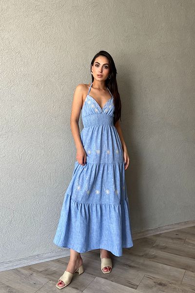 Seda Yalçın Atelier Embroidery Detailed - Elastic Long Blue Dress, Halter Neck