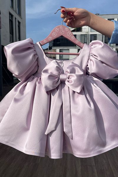 Bertuğ Bebek Satin Lilac Dress for Baby Girl - Balloon Sleeve and Square Collar