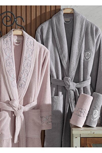 Dantela 6 Piece Burçak Cotton Family Bathrobe Set - Powder/Grey