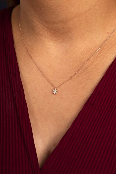 klas gümüş Gümüş Zirkon Taşlı Minimal Kar Tanesi Rose Kolye