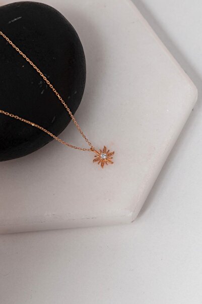 klas gümüş Gümüş Zirkon Taşlı Minimal Güneş Rose Kolye