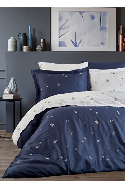 Dantela Safran Pamuk Saten Nakışlı Çift Kişilik Nevresim Takımı - Lacivert