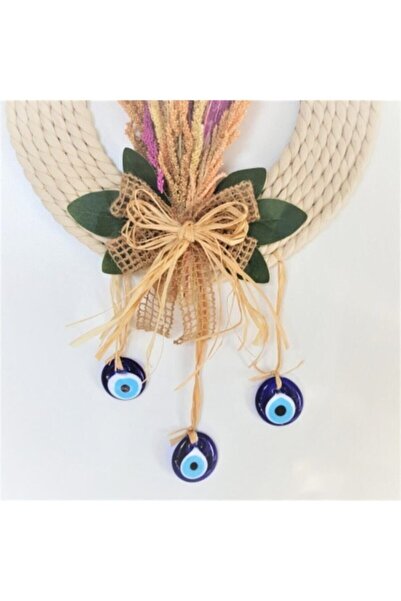 Yumak Dekor Grup Trend Kapı Süsü Ham Pamuk Ip Bereket Otu Kuru Çiçekli Dekoratif Çelik Kapı Süsü Nazar Boncuklu