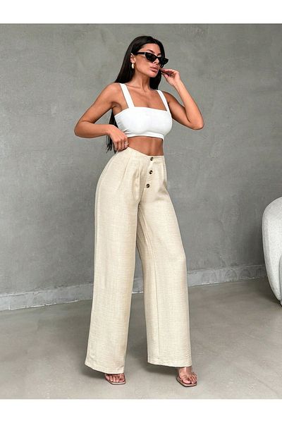diaves Linen Blended - Stone Colored Loose Cut Trousers