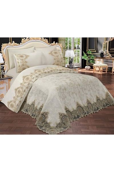 Hızlı Çeyiz Luxury French Guipure 6 Piece Brocade Chenille Cotton 1st Class Quality Double Bedspread Set