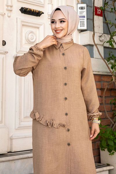 Tesettür Dünyası Linen Tunic - Side Ruffle Detail, Buttoned, Camel TSD240506